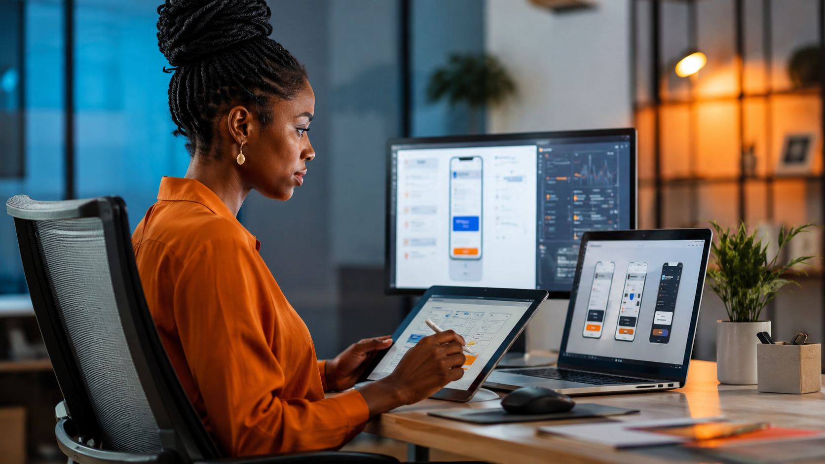 Une conceptrice africaine noire travaillant sur des interfaces d'applications mobiles.