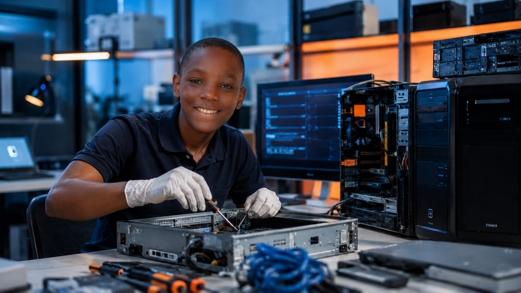 Une technicienne africaine noire effectuant une maintenance informatique.